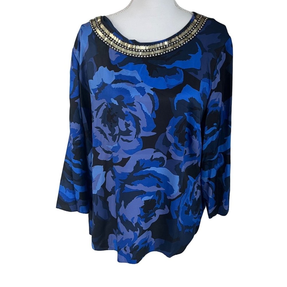 Boden Eliza Blue Black Floral Print Embellished 3/4 Sleeve Top Plus Size 18